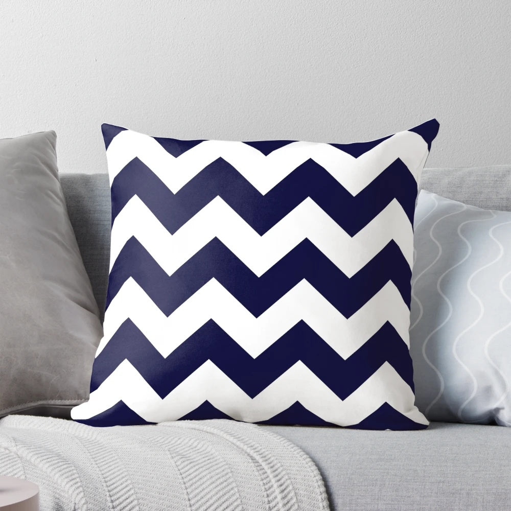 Navy blue and white chevron striped decorative pillow