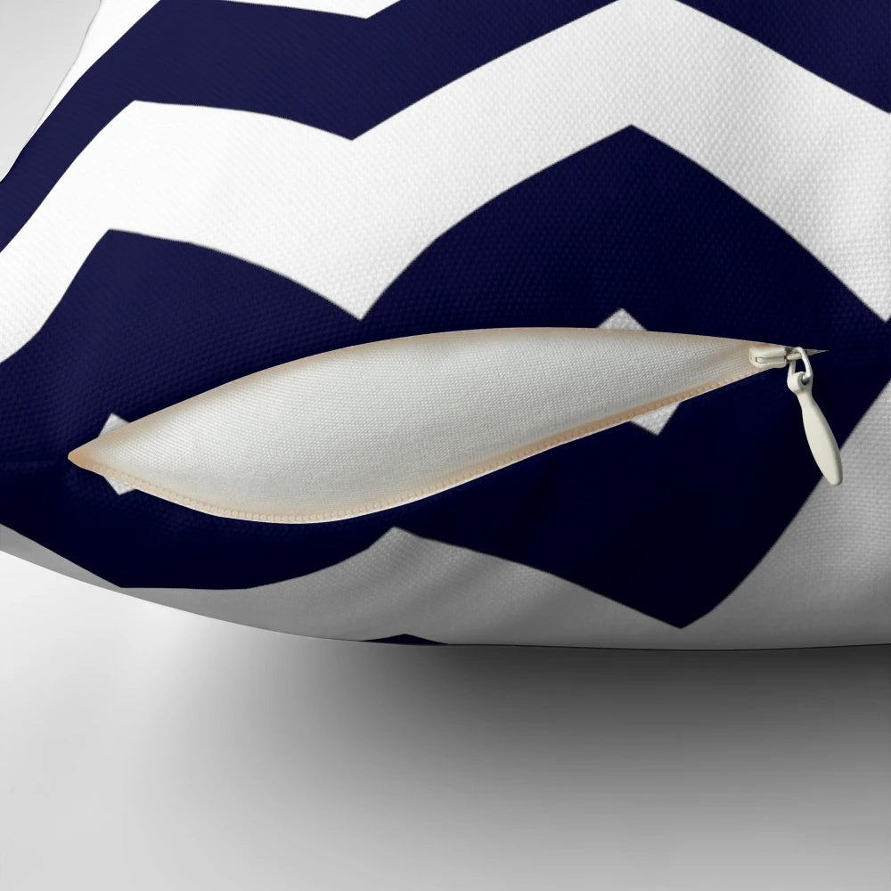 Navy blue and white chevron striped decorative pillow