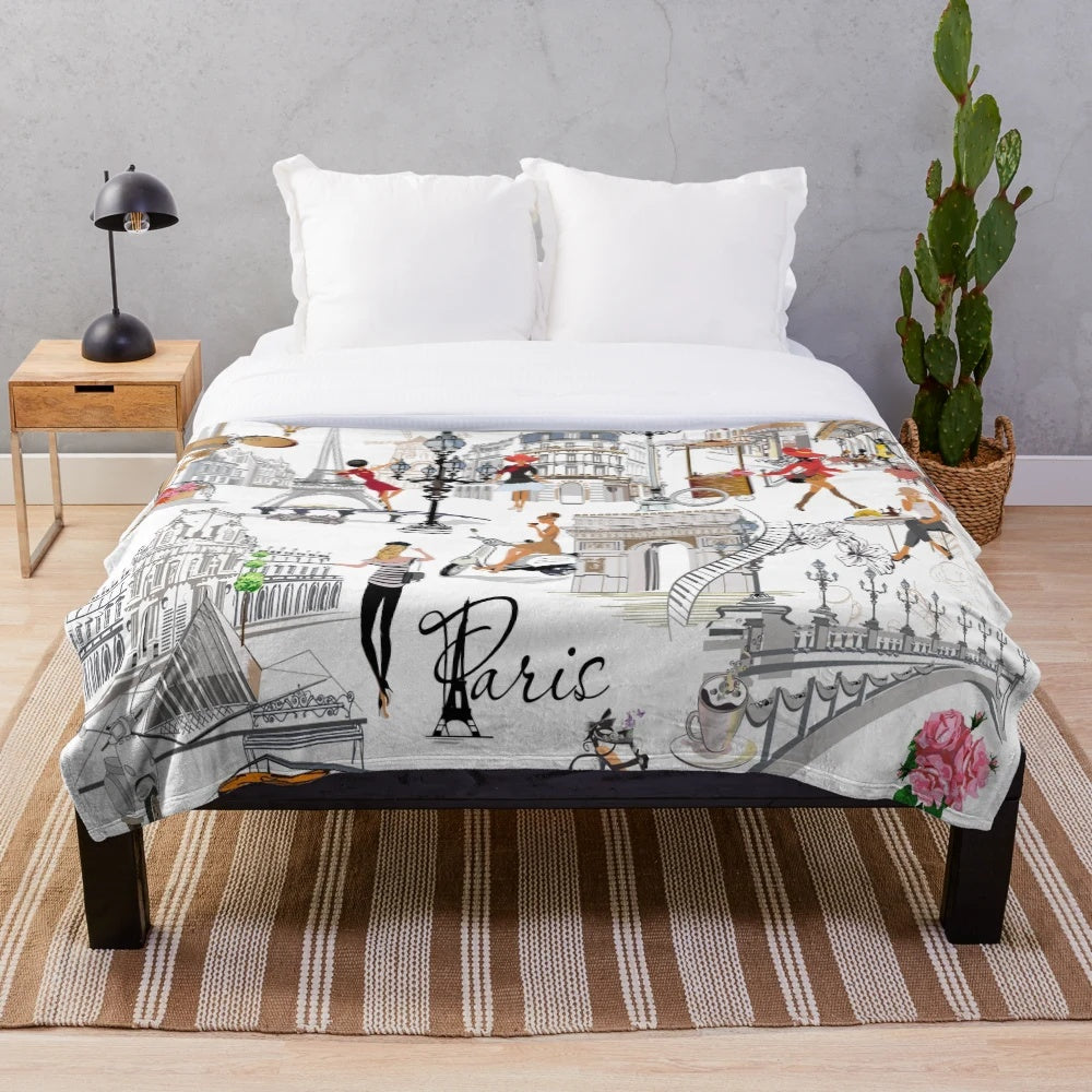 Paris-inspired plush blanket with Eiffel Tower and floral design