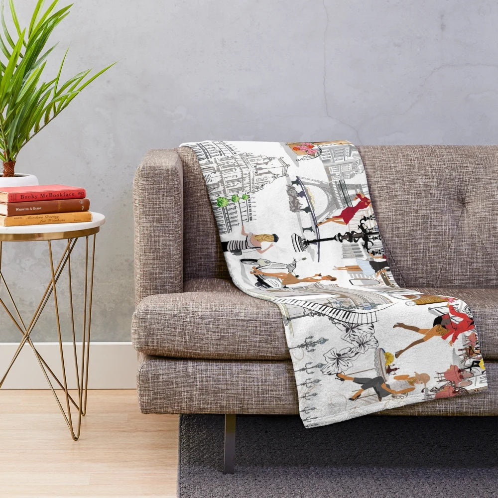 Paris-inspired plush blanket with Eiffel Tower and floral design
