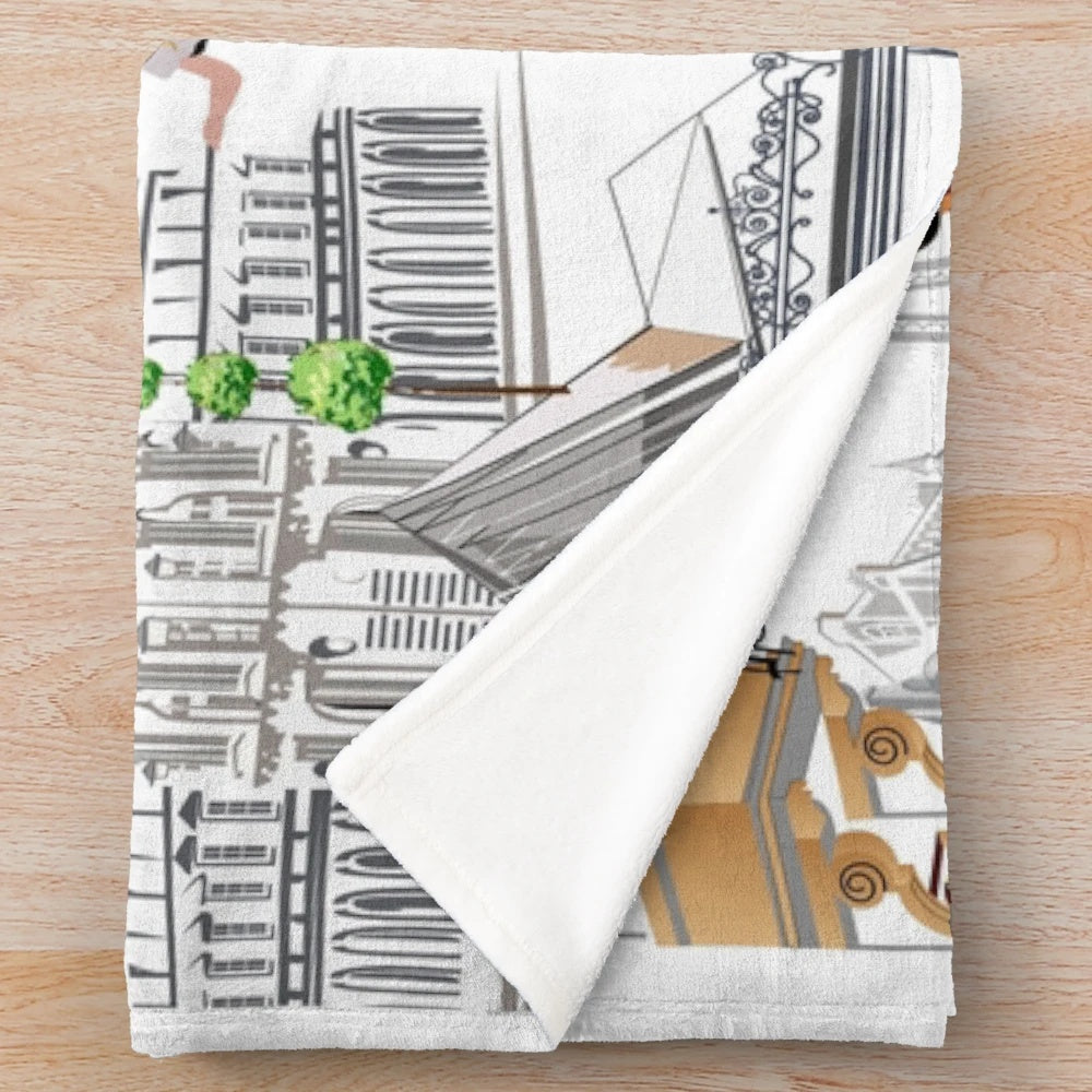 Paris-inspired plush blanket with Eiffel Tower and floral design