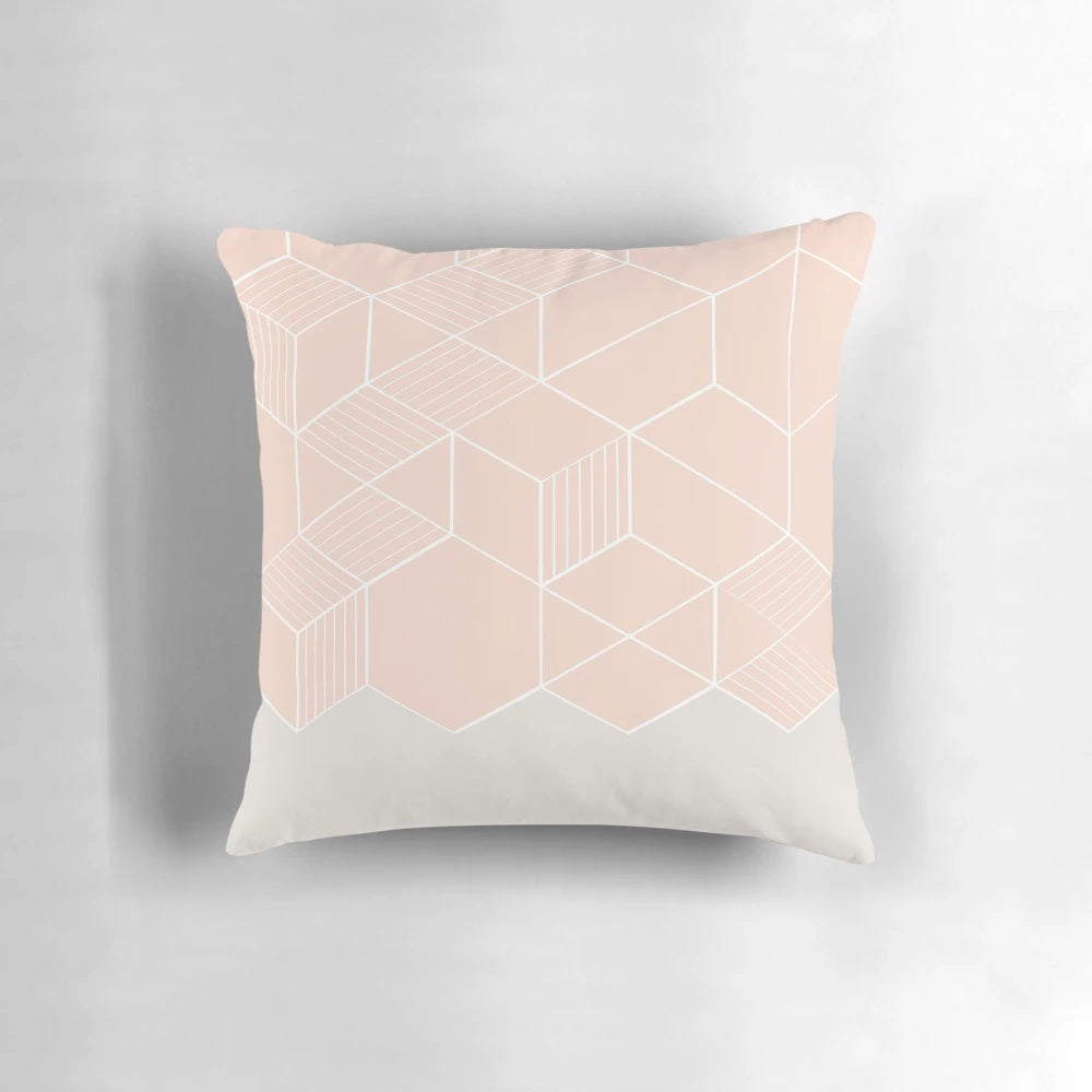 Rose-patterned hexagon-shaped decorative pillow in pale pink color