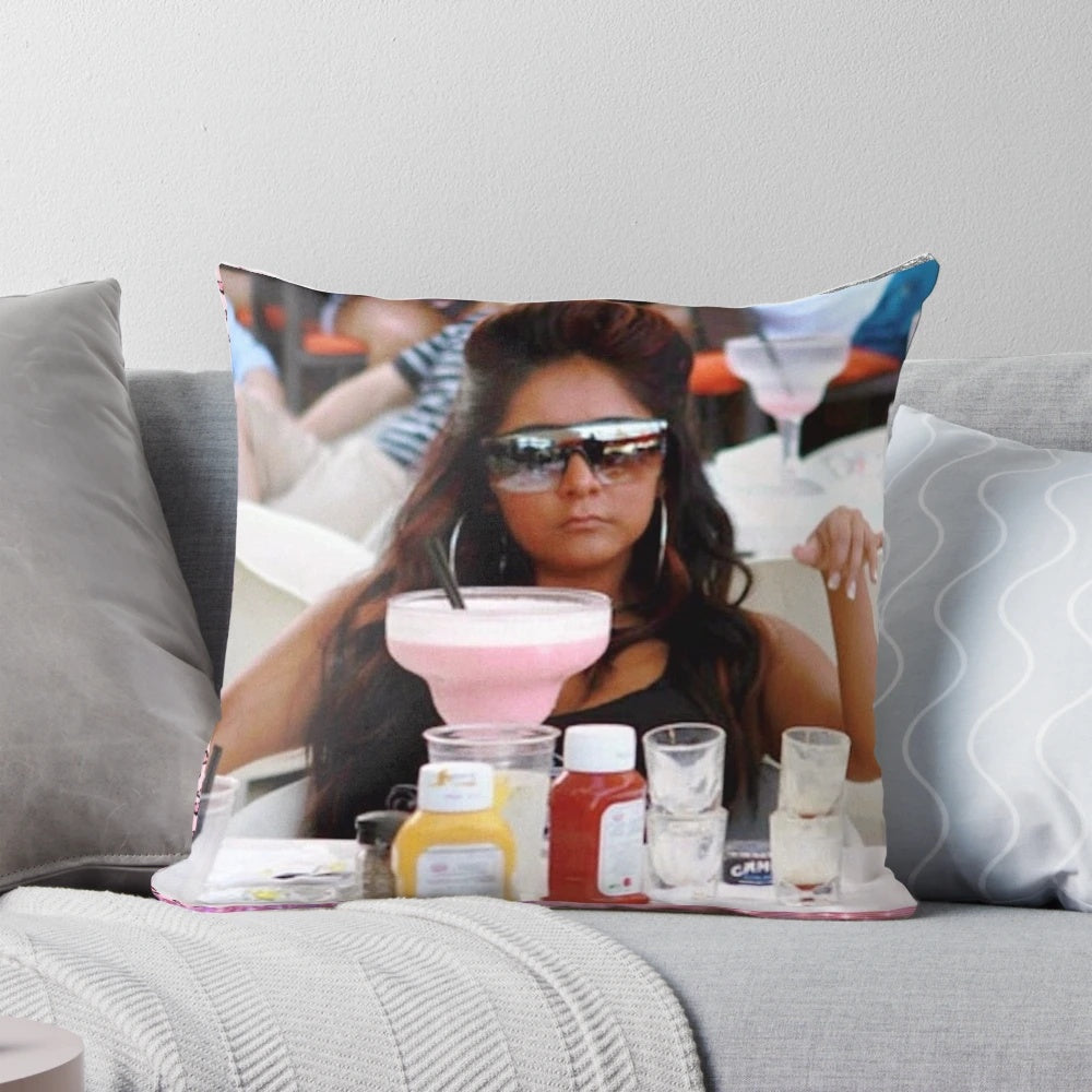 Chic Snooki-inspired decorative pillow featuring a pink and cheetah print design