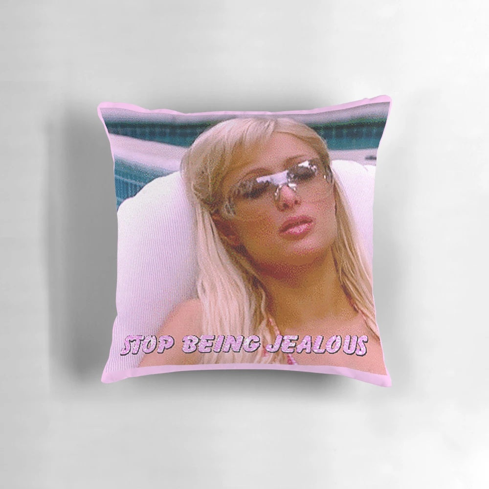 Chic aesthetic throw pillow with glittery "Stop Being Jealous" text