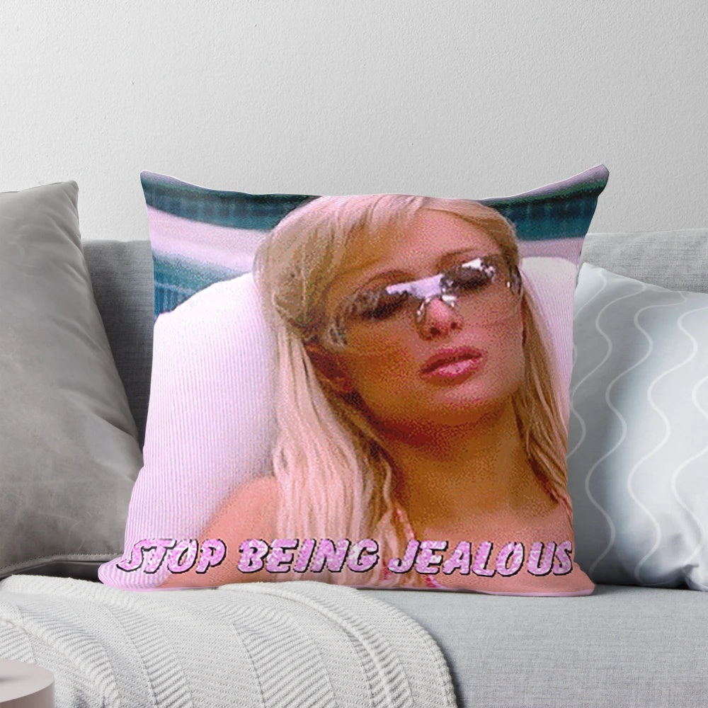 Chic aesthetic throw pillow with glittery "Stop Being Jealous" text
