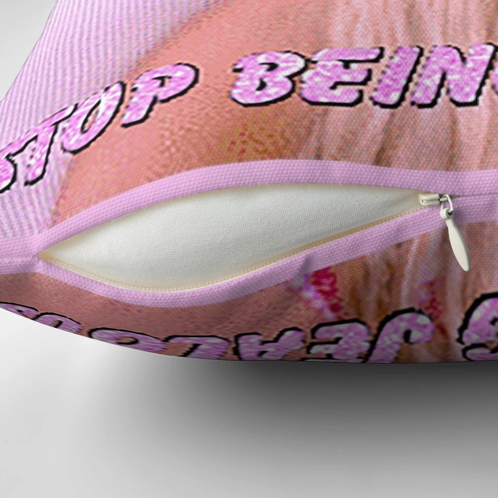 Chic aesthetic throw pillow with glittery "Stop Being Jealous" text