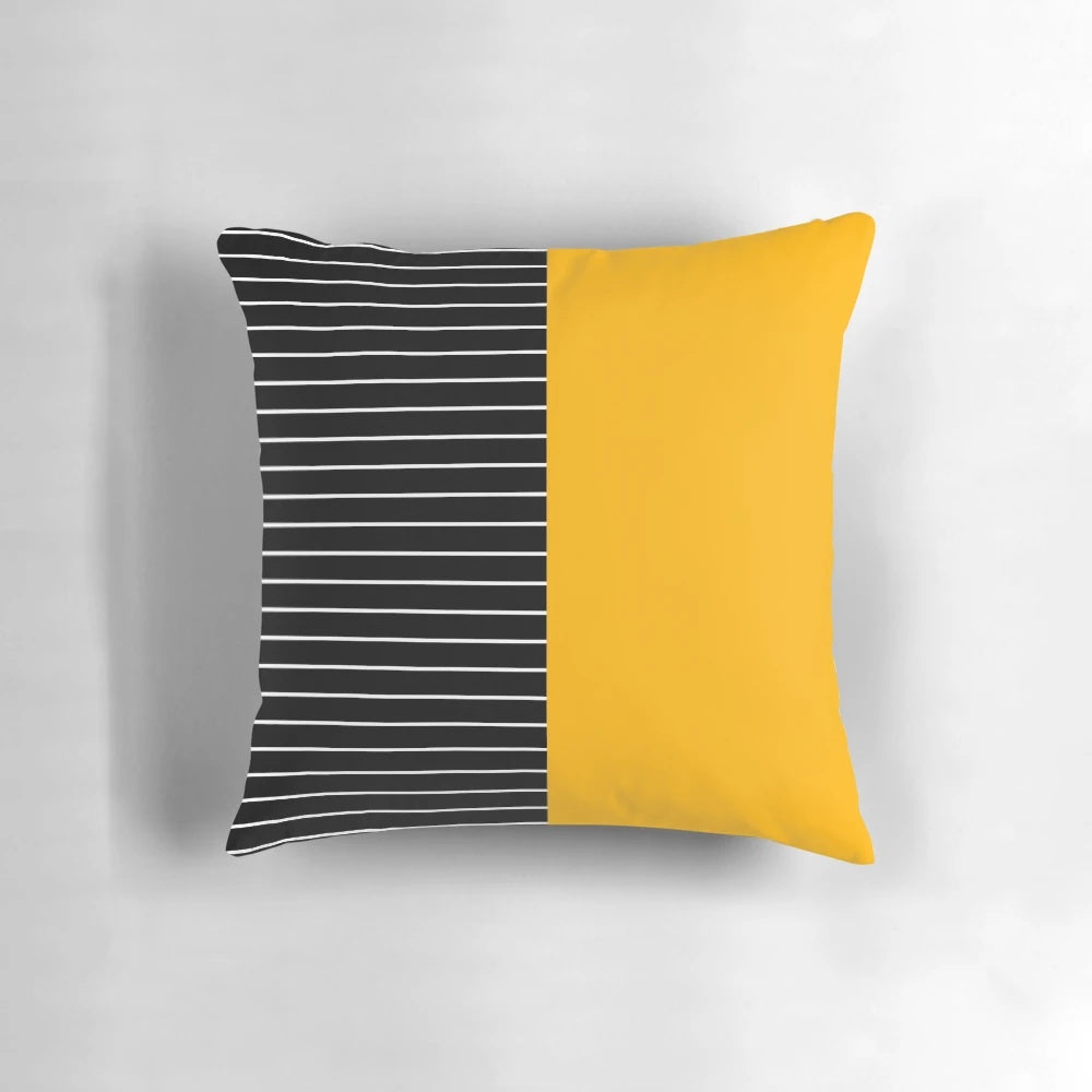 Striped minimalist mustard yellow and black and white geometric decorative pillow