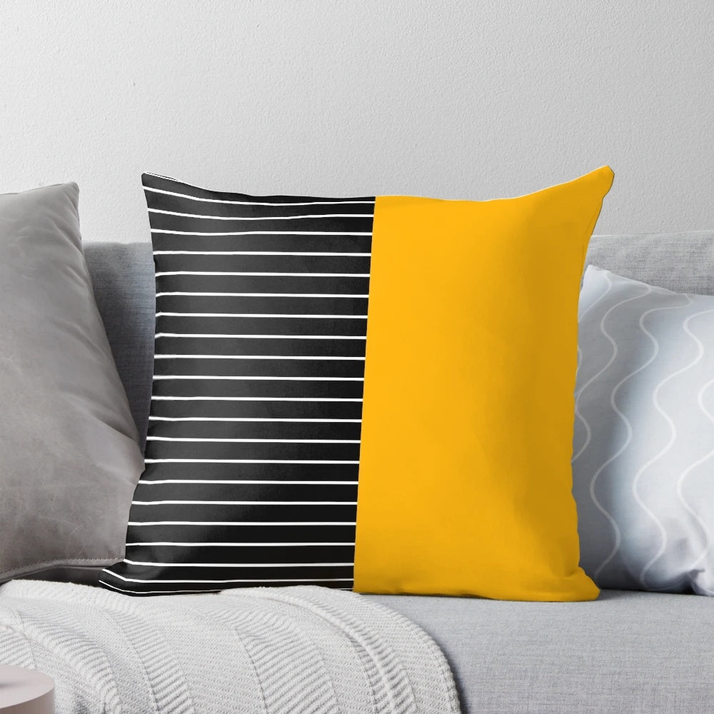 Striped minimalist mustard yellow and black and white geometric decorative pillow