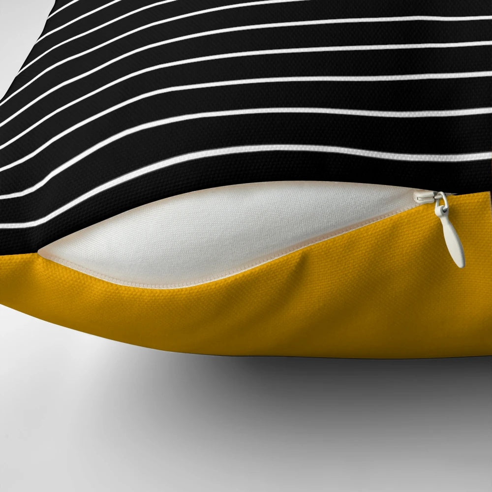 Striped minimalist mustard yellow and black and white geometric decorative pillow