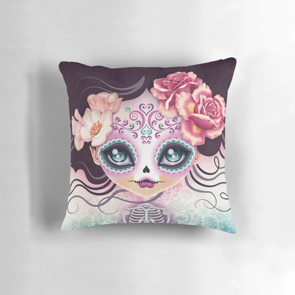 Handcrafted sugar skull pillow featuring a ghostly spirit design, perfect for Gothic, Bohemian, and Day of the Dead home decor.