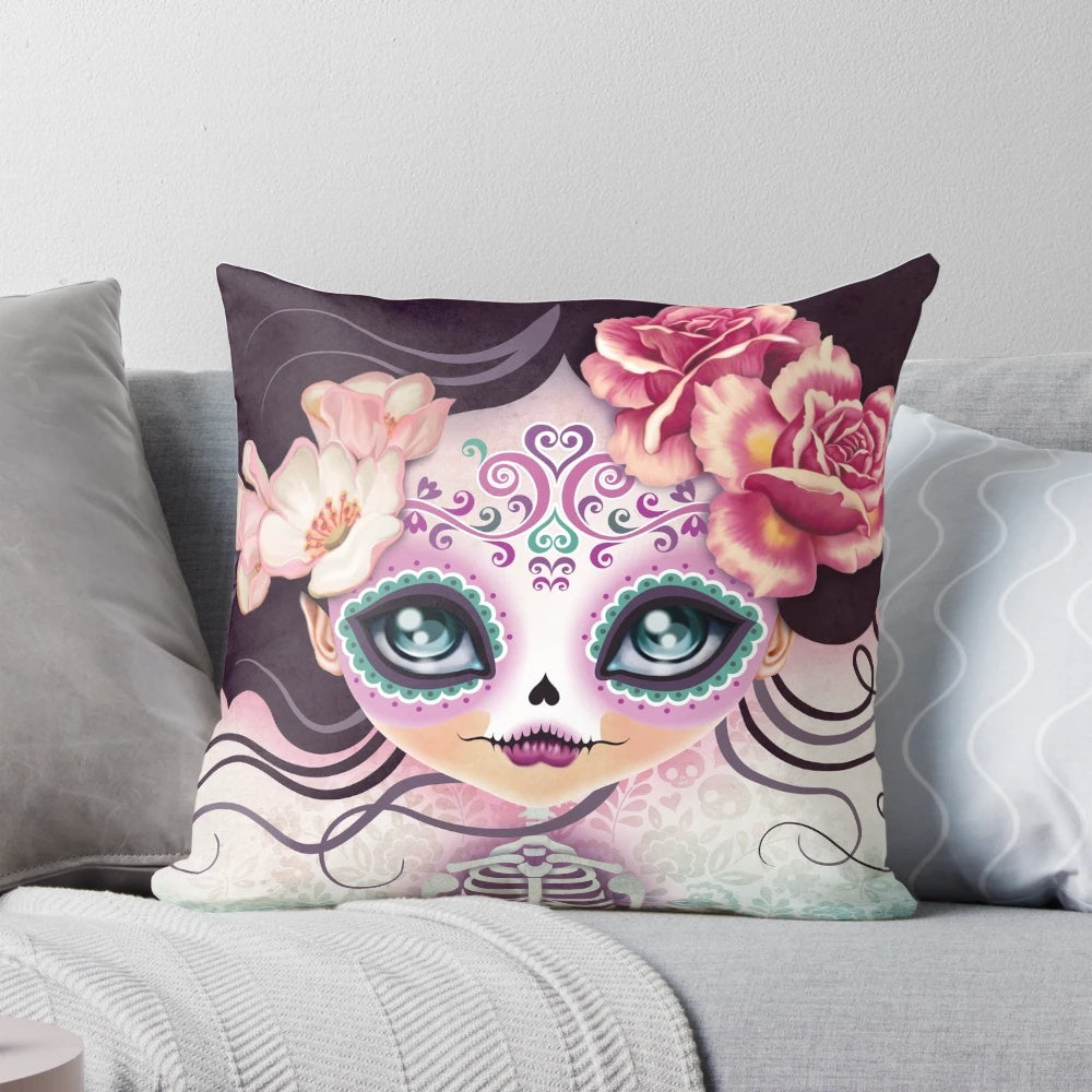 Handcrafted sugar skull pillow featuring a ghostly spirit design, perfect for Gothic, Bohemian, and Day of the Dead home decor.