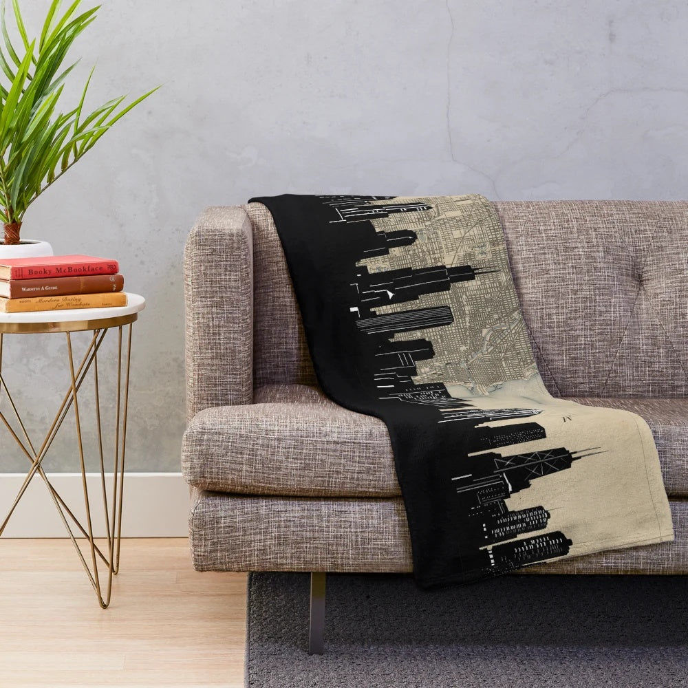 Chicago skyline plush blanket with vintage-inspired cityscape