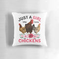 Floral pillow with the text "Just a Girl Who Loves Chickens" on a white background.