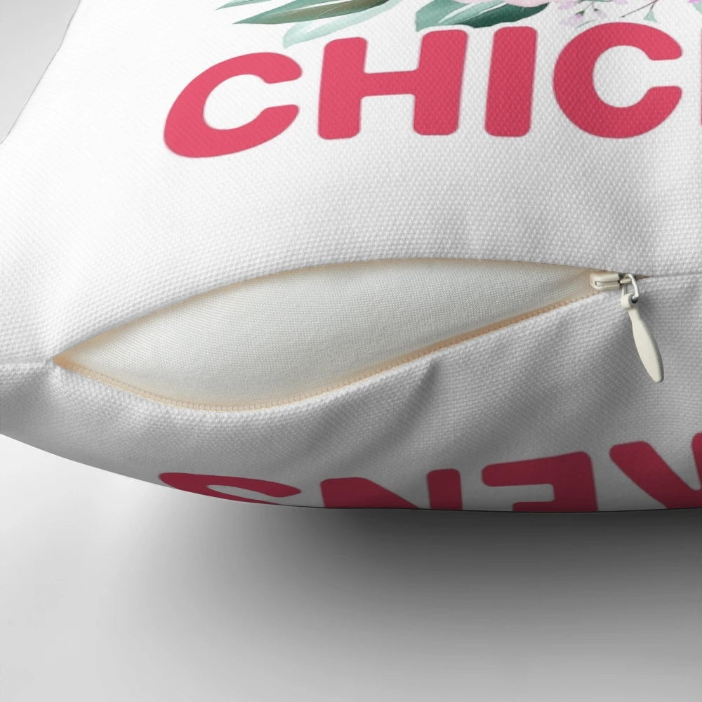 Floral pillow with the text "Just a Girl Who Loves Chickens" on a white background.