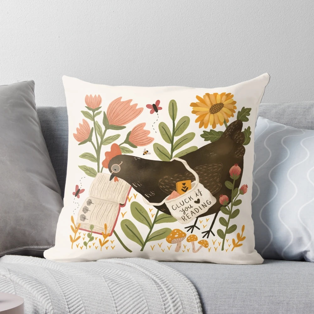 A cozy and whimsical chicken-themed pillow with a book design, perfect for book lovers and animal enthusiasts.