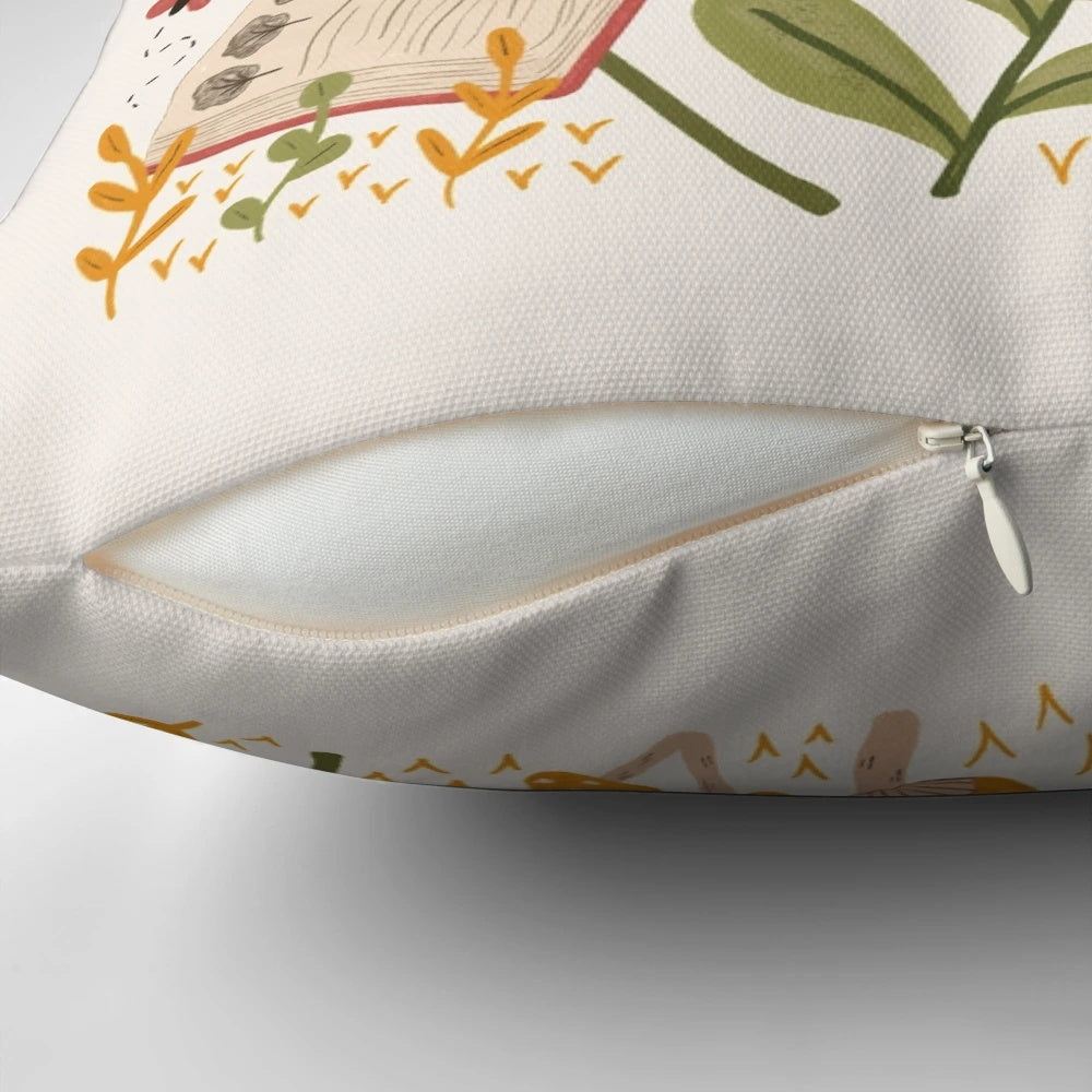 A cozy and whimsical chicken-themed pillow with a book design, perfect for book lovers and animal enthusiasts.