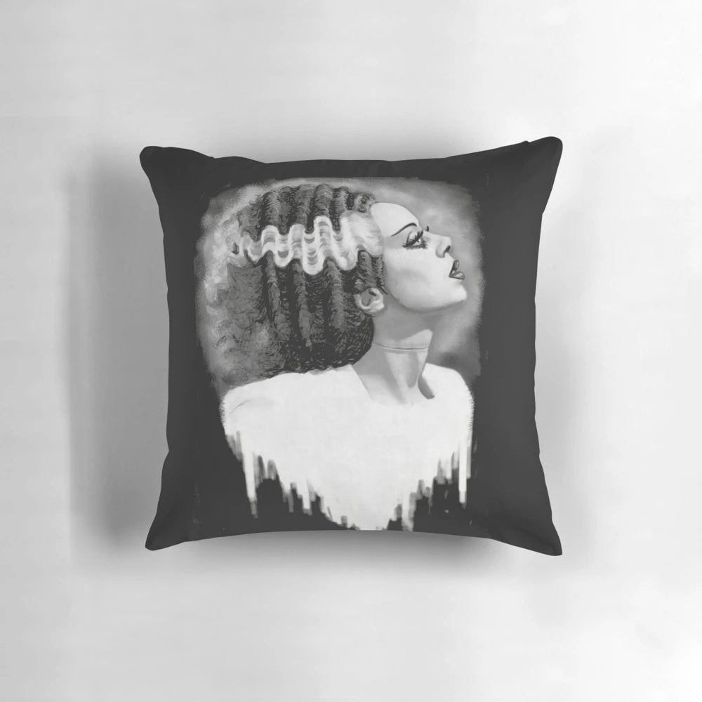 Bride of Frankenstein themed decorative pillow with gothic style
