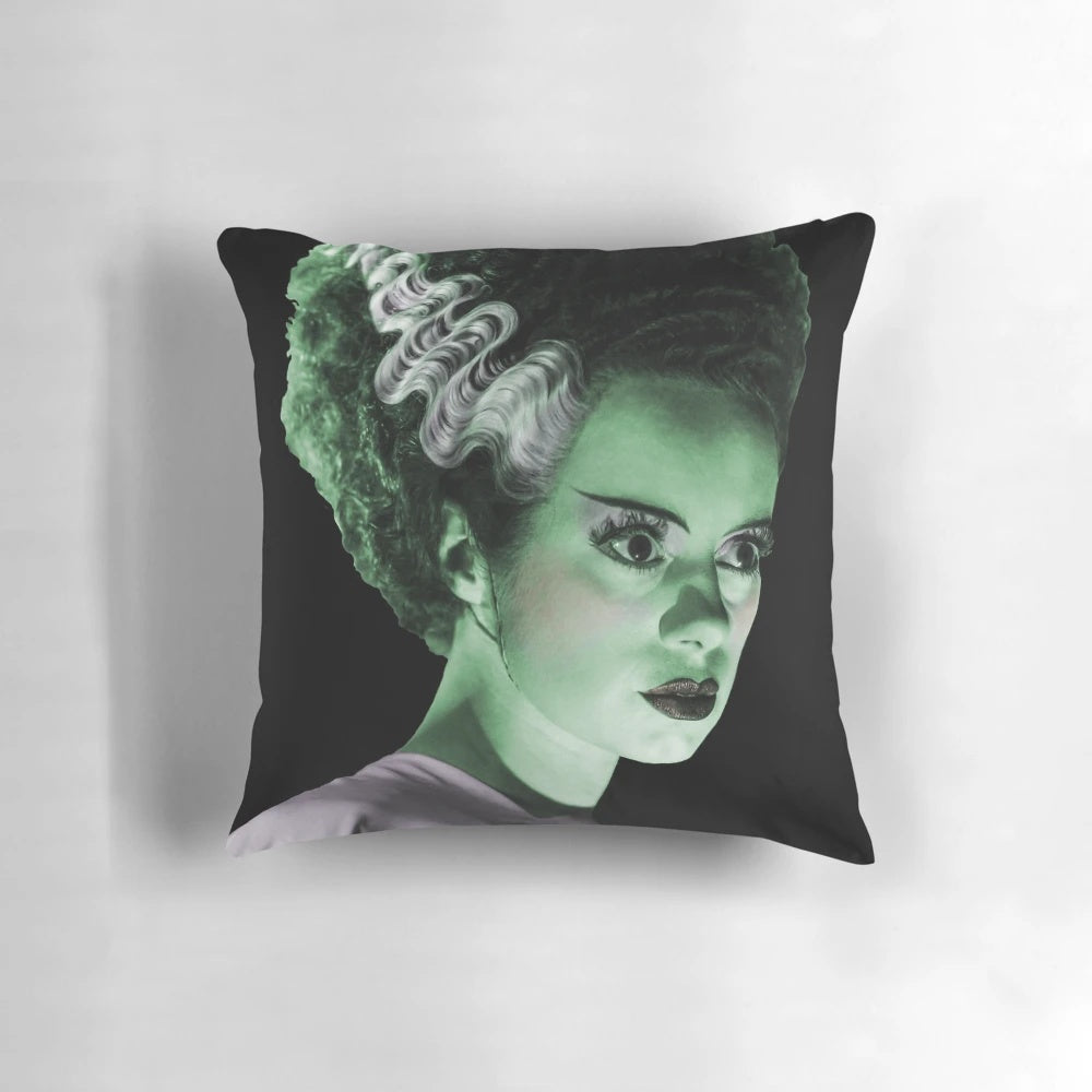 Pillow featuring the iconic "Bride of Frankenstein" character from the classic Universal monster movie.
