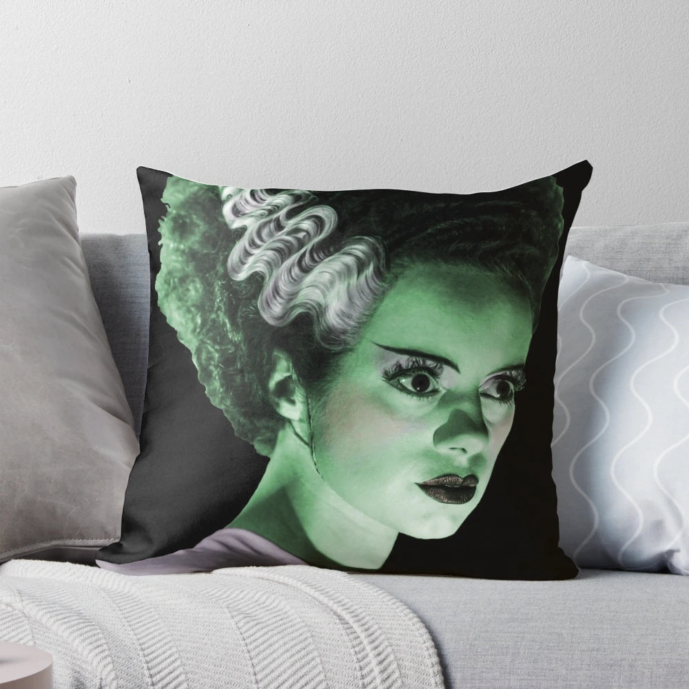Pillow featuring the iconic "Bride of Frankenstein" character from the classic Universal monster movie.