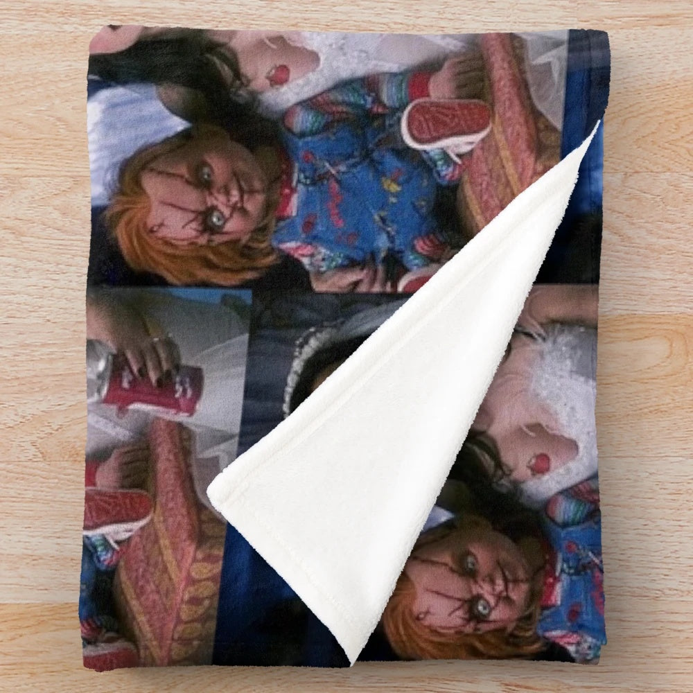 Chucky doll plush blanket with horror movie design