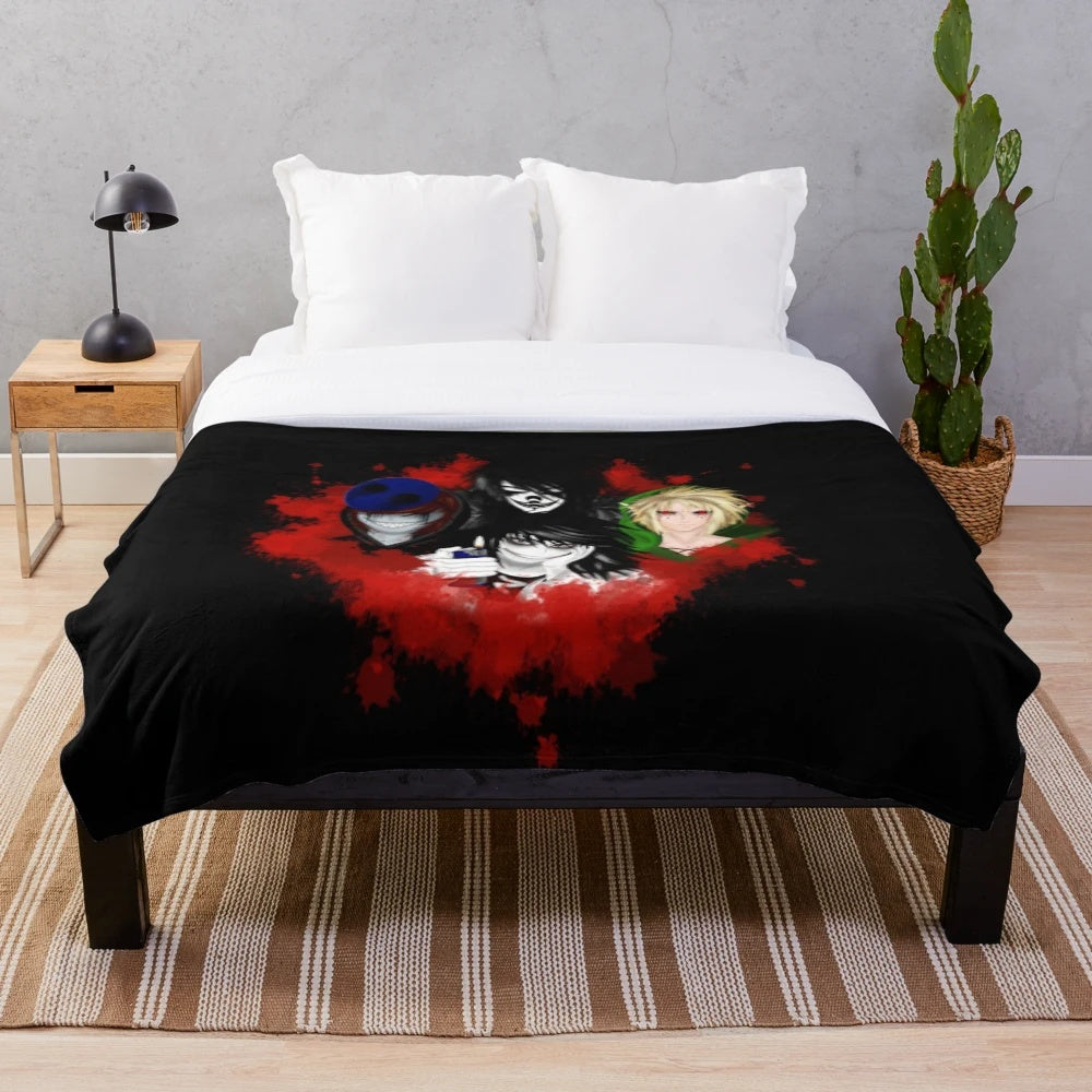 Creepy plush blanket featuring popular creepypasta characters