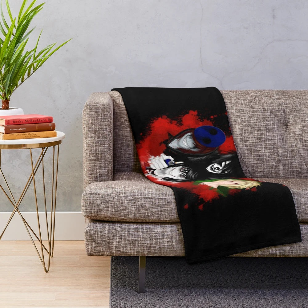 Creepy plush blanket featuring popular creepypasta characters