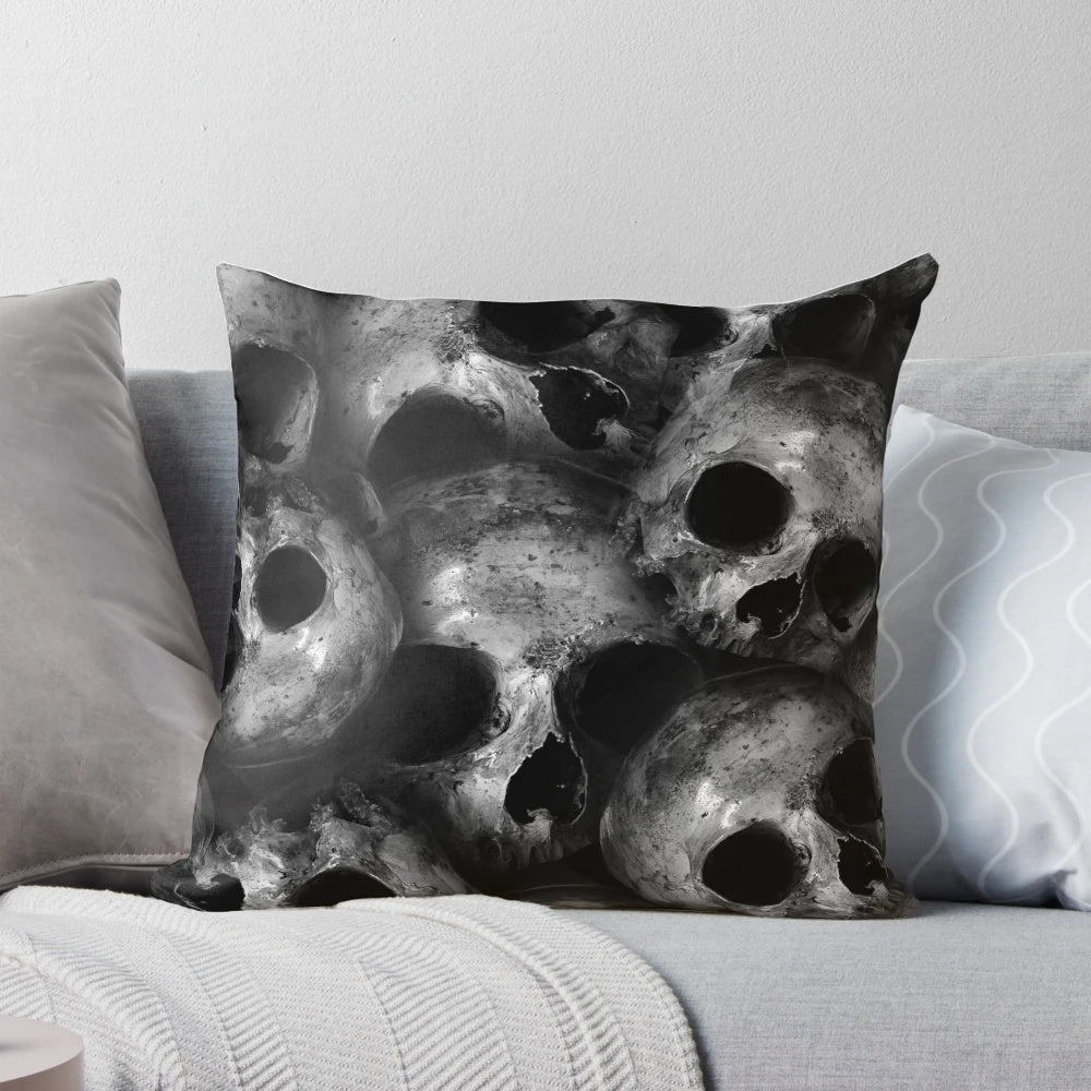 Dark skulls pattern on a decorative pillow, a creepy and gothic home accent.