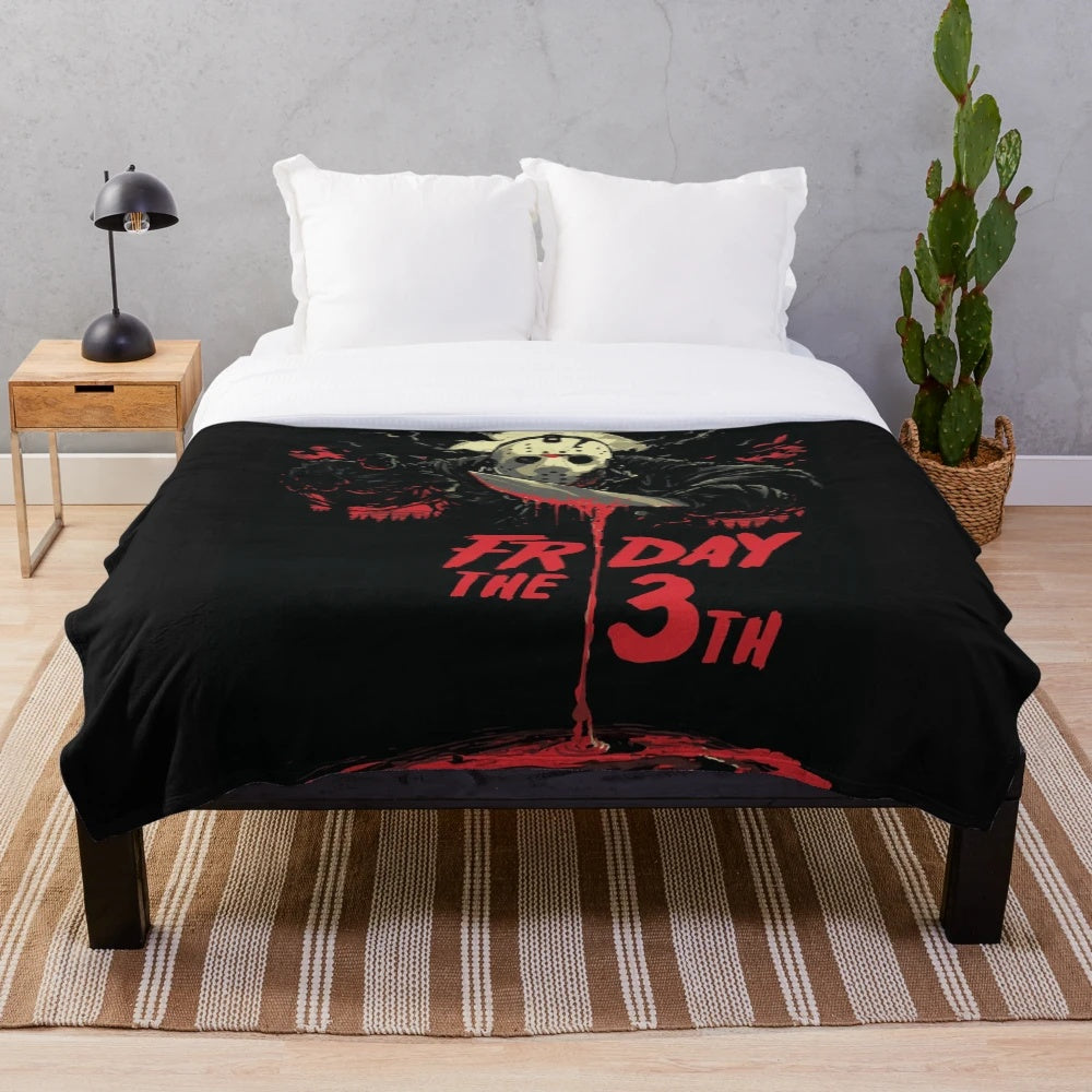 Friday the 13th themed plush blanket with Jason Voorhees graphic