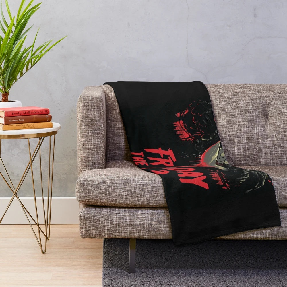 Friday the 13th themed plush blanket with Jason Voorhees graphic