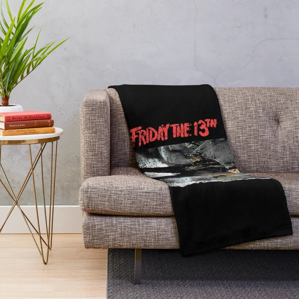 Friday the 13th inspired plush blanket with Jason Voorhees design
