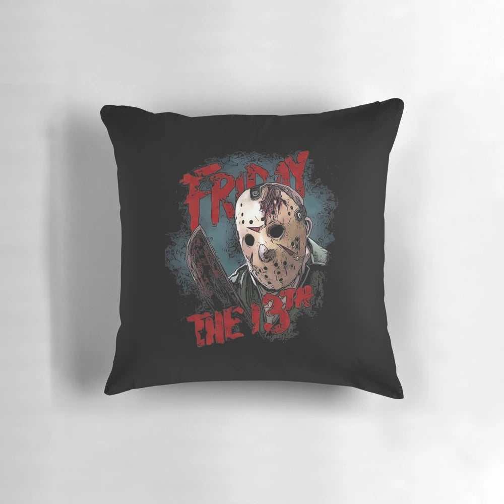 A black and white Friday the 13th t-shirt pillow featuring Jason Voorhees, the iconic horror movie villain.
