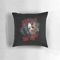 A black and white Friday the 13th t-shirt pillow featuring Jason Voorhees, the iconic horror movie villain.