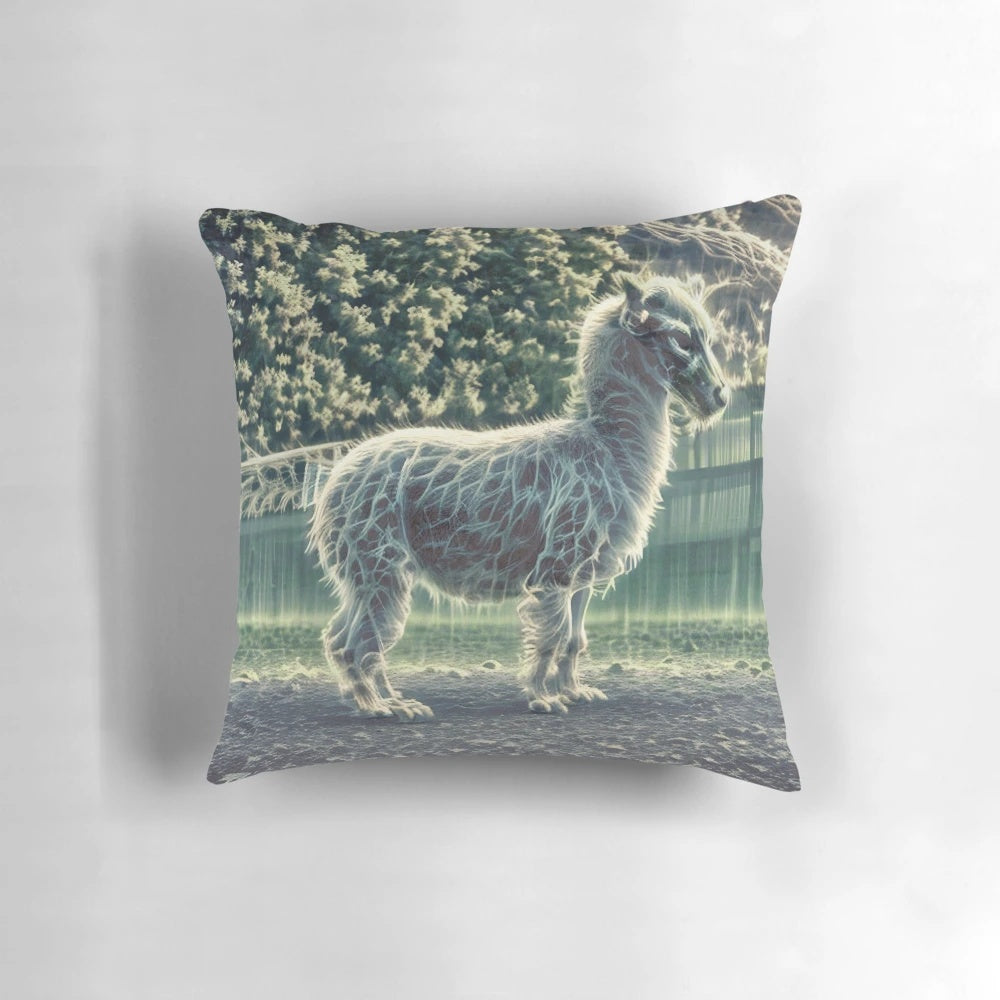 Haunting ghoul llama pillow with a dark, gothic design perfect for spooky and creepy-cute home decor.