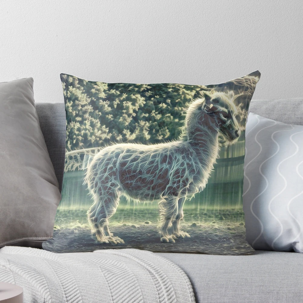 Haunting ghoul llama pillow with a dark, gothic design perfect for spooky and creepy-cute home decor.