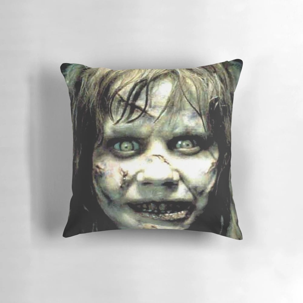 A pillow case featuring imagery from the classic horror film "The Exorcist"