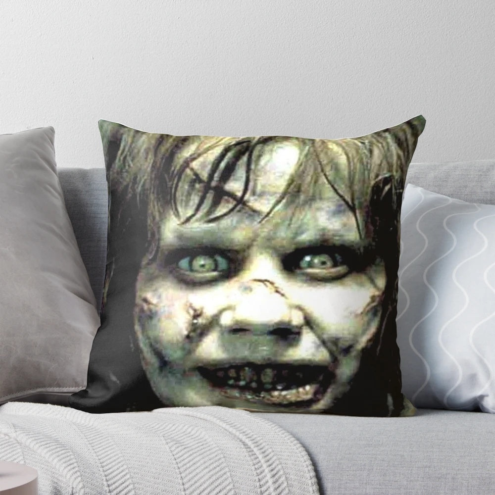 A pillow case featuring imagery from the classic horror film "The Exorcist"
