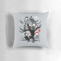 Haunting horror-themed pillow with eerie elements like a scary clown, dark humor, and macabre details