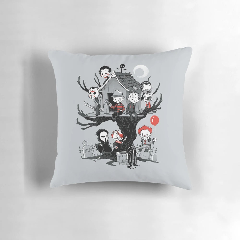 Haunting horror-themed pillow with eerie elements like a scary clown, dark humor, and macabre details