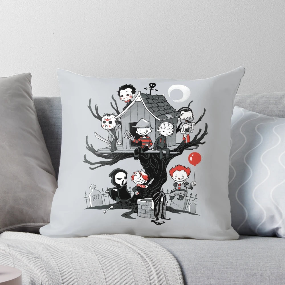 Haunting horror-themed pillow with eerie elements like a scary clown, dark humor, and macabre details