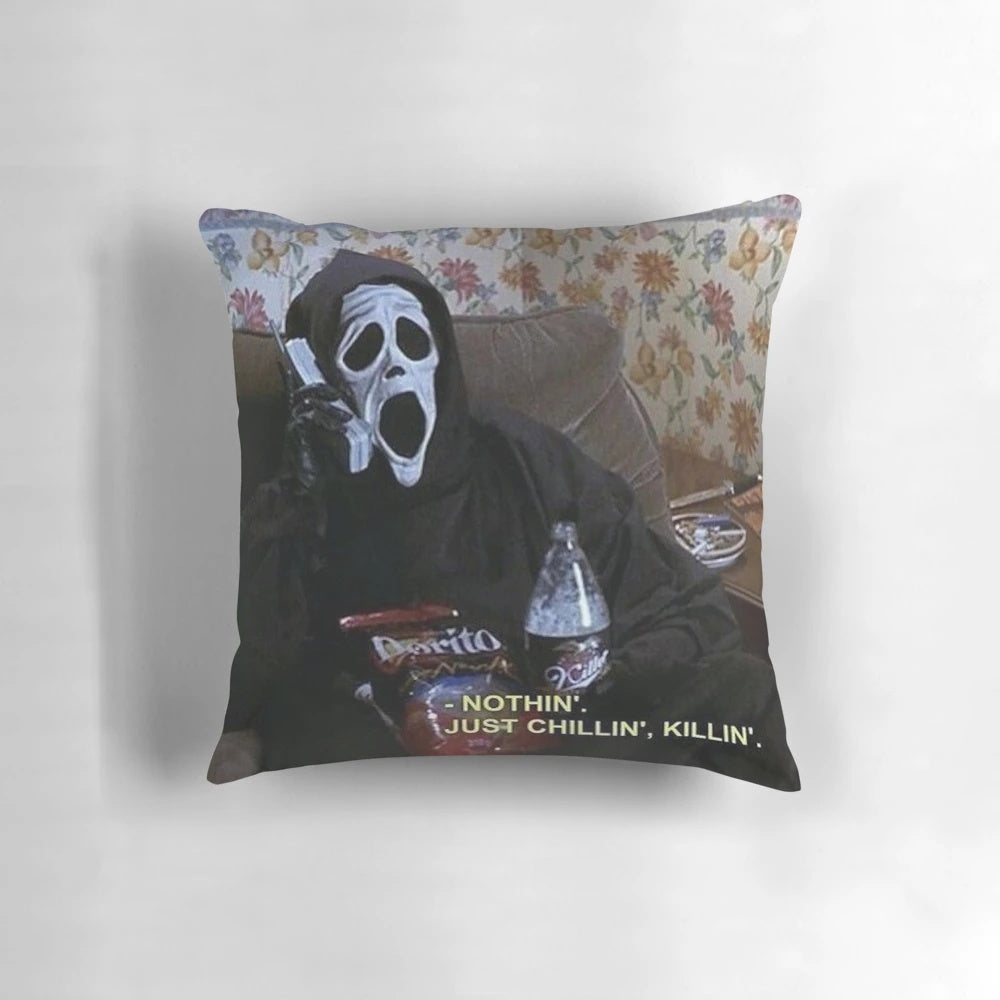 Captioned horror-themed pillow with a humorous, "just chillin', killin'" design