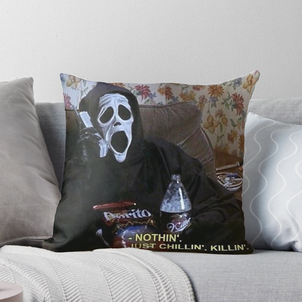 Captioned horror-themed pillow with a humorous, "just chillin', killin'" design