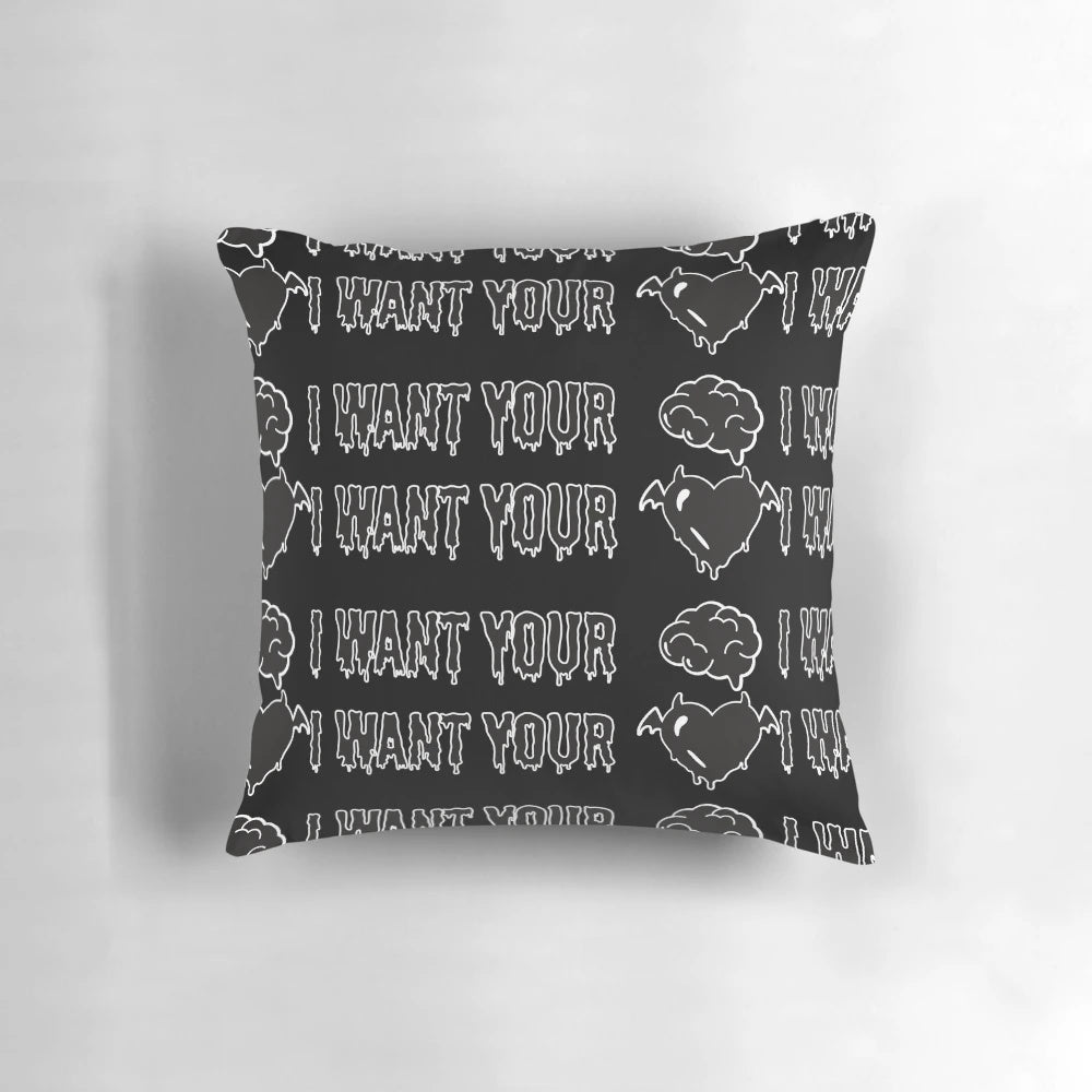 Spooky 'I Want Your Heart I Want Your Brain' horror-themed throw pillow for emo punk and gothic home decor