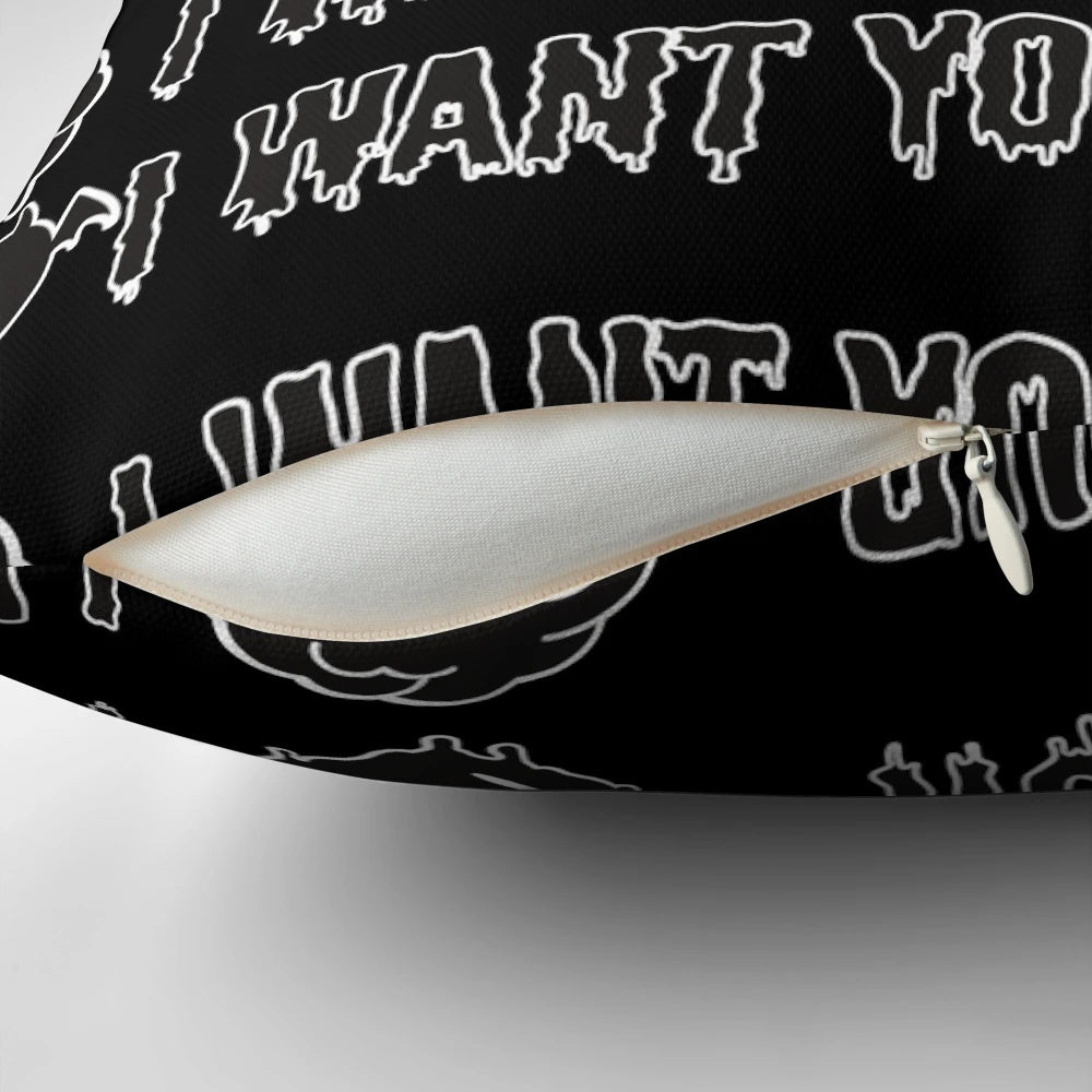 Spooky 'I Want Your Heart I Want Your Brain' horror-themed throw pillow for emo punk and gothic home decor