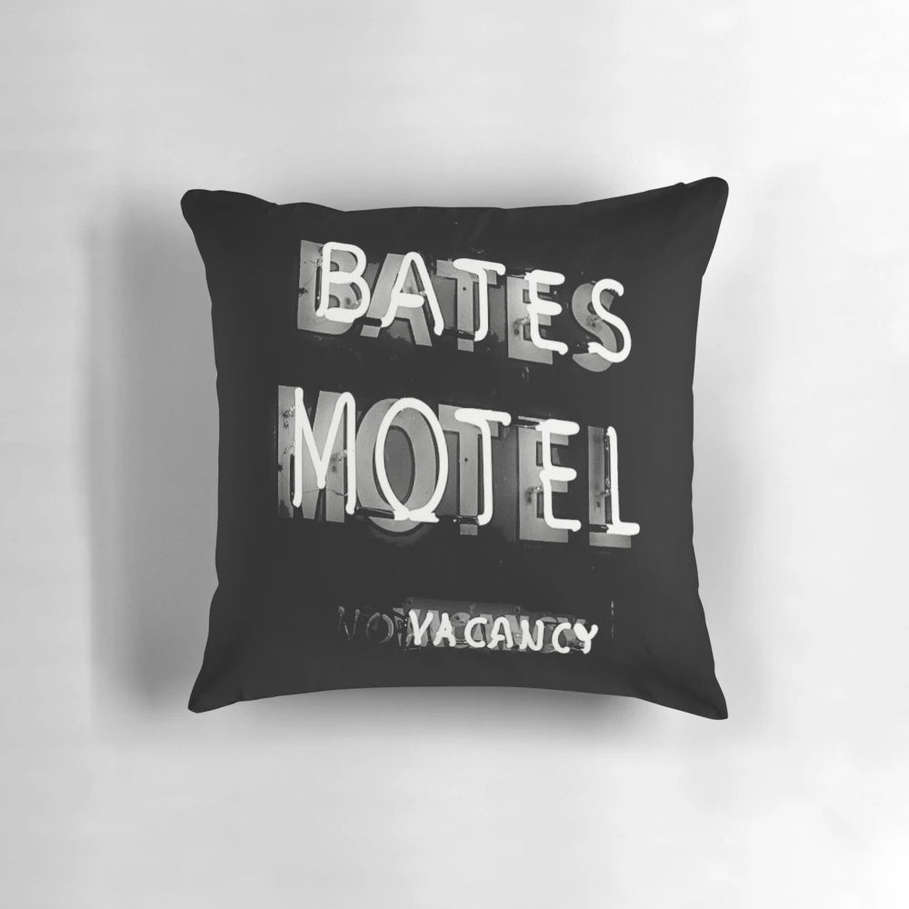 Bates Motel-themed decorative pillow featuring the "Vacancy" sign