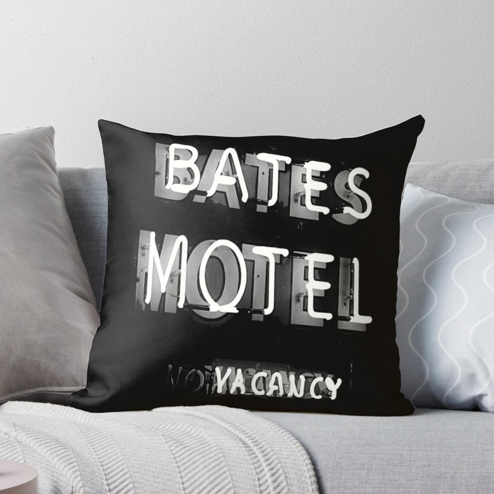 Bates Motel-themed decorative pillow featuring the "Vacancy" sign