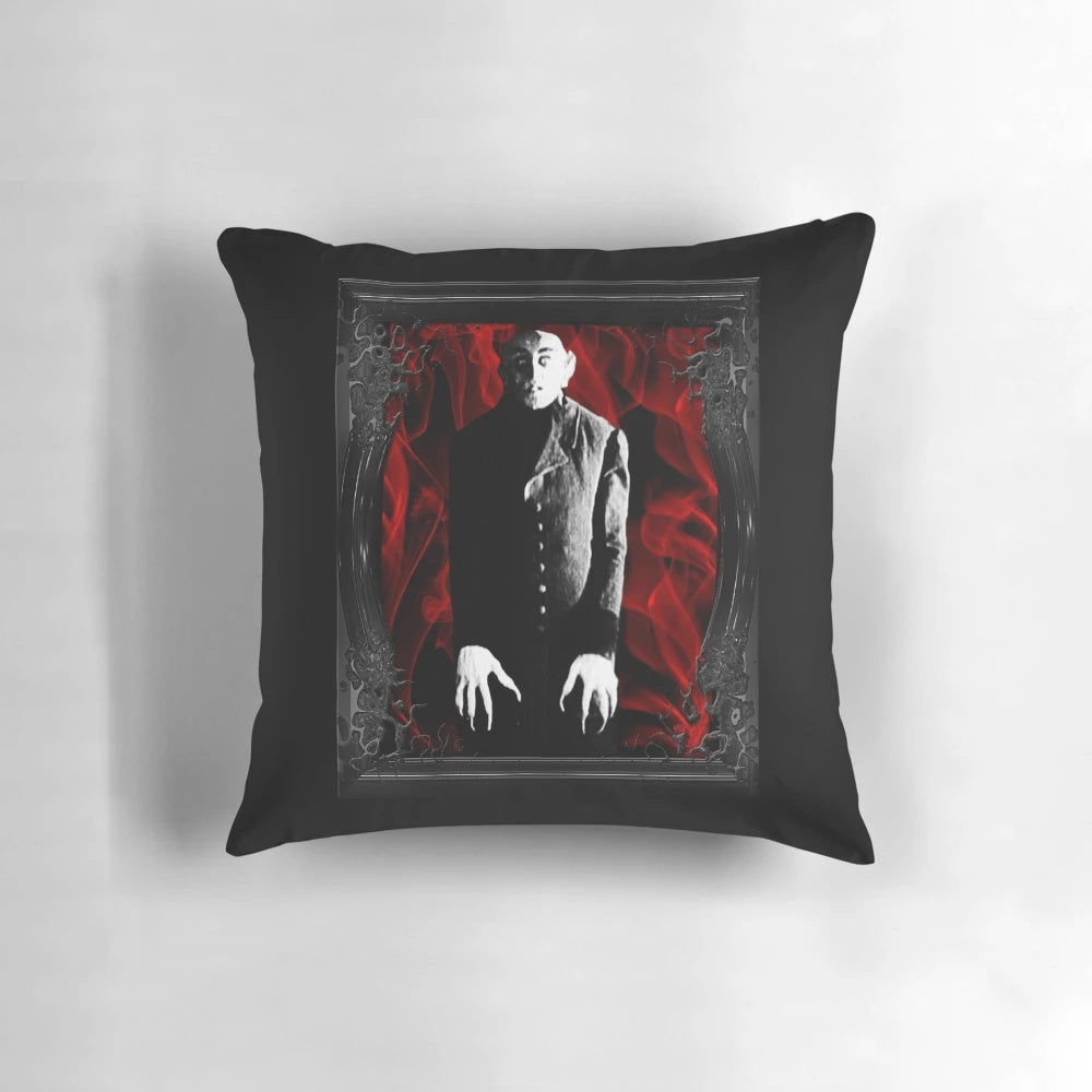 Spooky Nosferatu-themed pillow with a vintage, gothic design