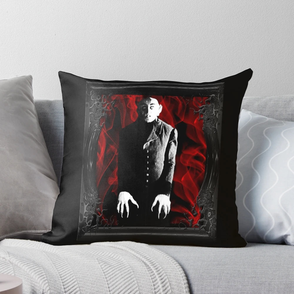 Spooky Nosferatu-themed pillow with a vintage, gothic design