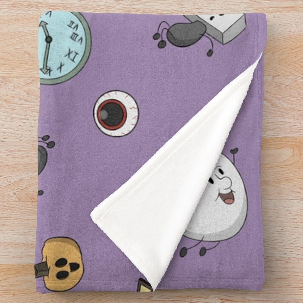 One Night at Flumpty's inspired plush blanket featuring Flumpty, Bumpty, Boy Blam, and Grunkfuss the Clown characters