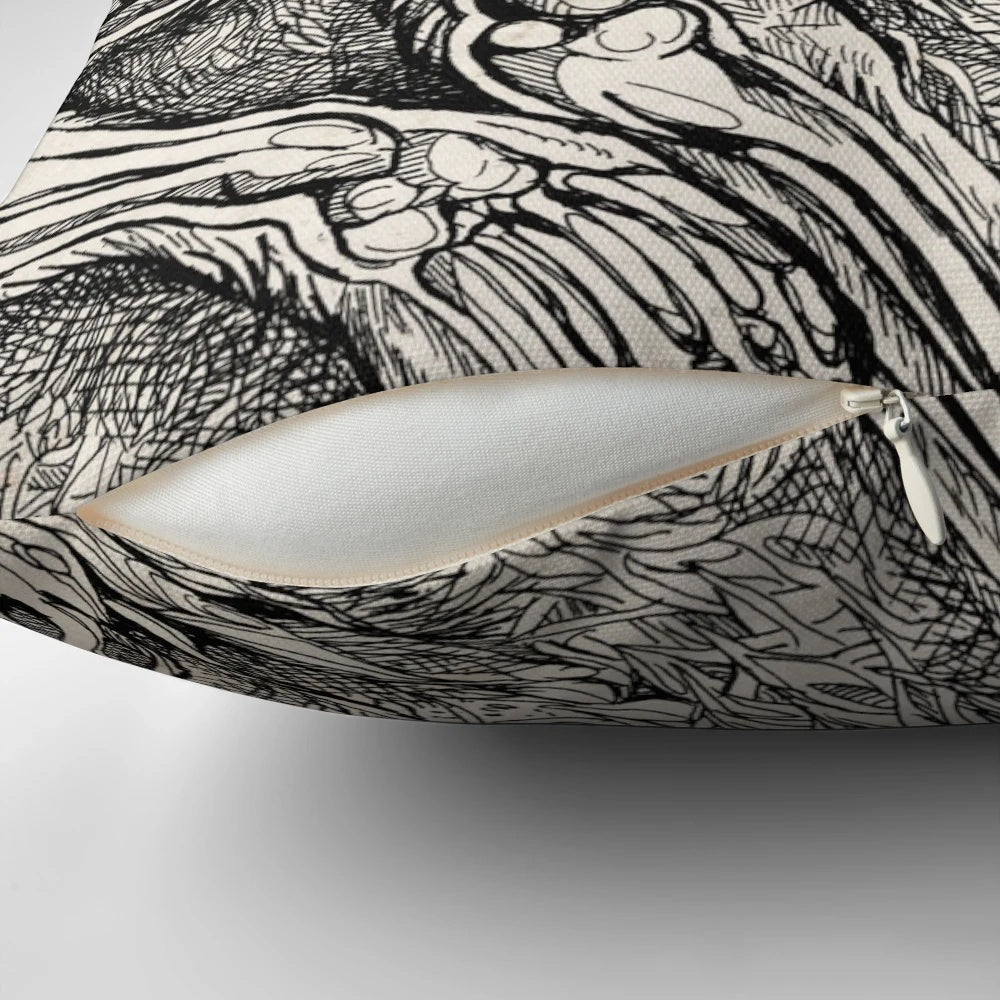 Origin Pillow featuring a dark, horror-inspired design with wolf and werewolf elements