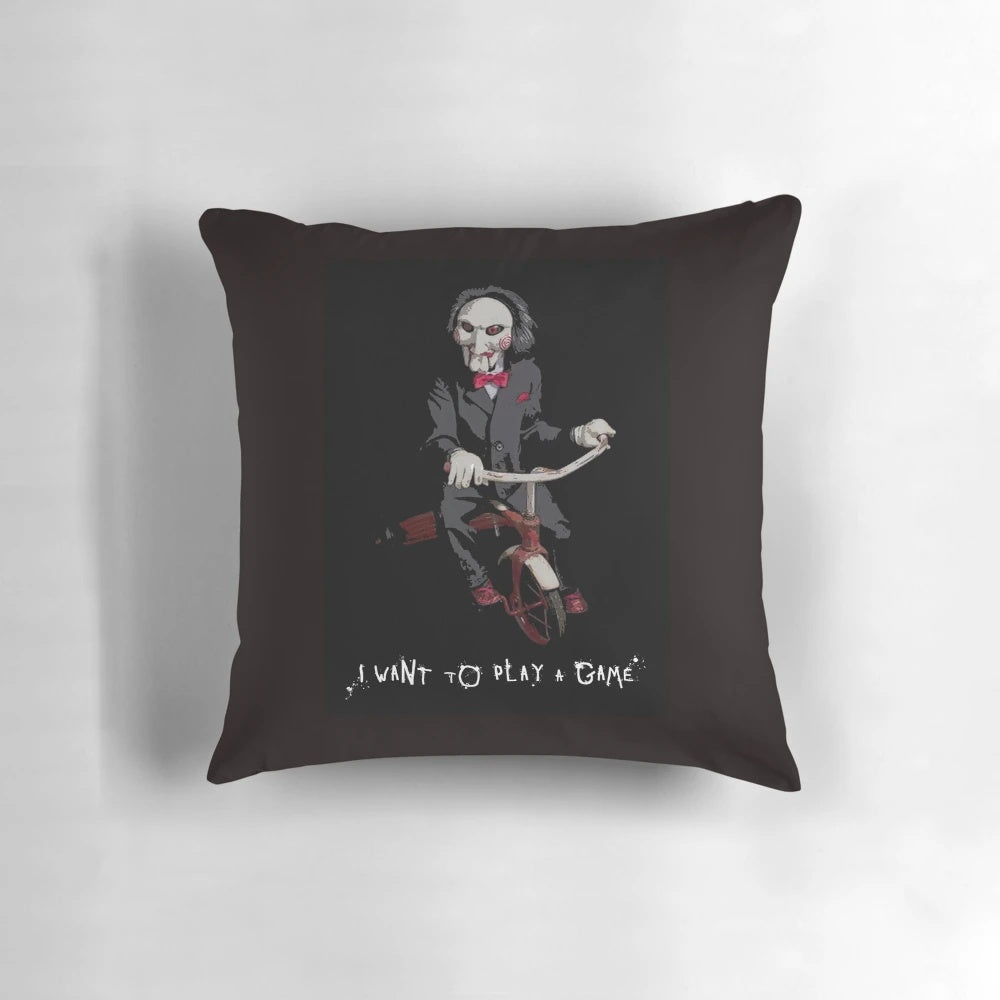 A decorative pillow featuring the iconic Saw movie franchise character and imagery, perfect for horror fans and movie enthusiasts.